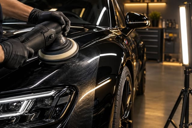 Primer plano de un profesional con guantes negros utilizando una pulidora orbital sobre la aleta delantera de un coche negro, mostrando una clara diferencia entre la zona pulida y la zona con microarañazos (swirl marks).