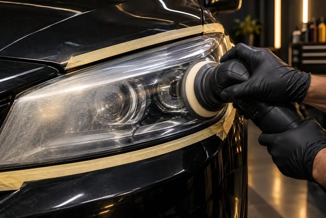 Primer plano de una mano con un guante de nitrilo negro utilizando una pulidora orbital eléctrica para restaurar y pulir la tulipa del faro delantero de un vehículo de color negro.