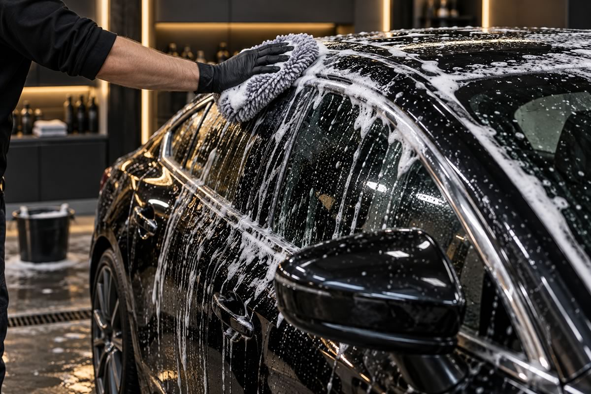 Profesional lavando con espuma la carrocería de un coche negro
