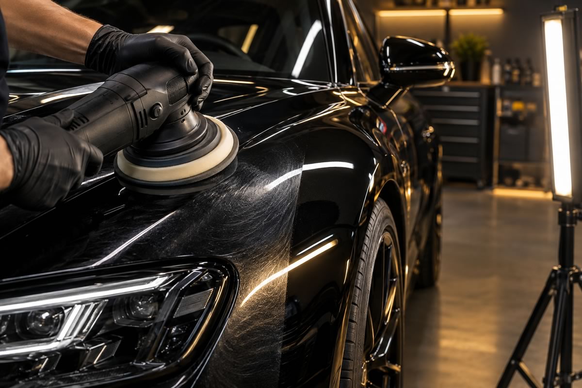 Pulido de la carrocería de un coche negro para corregir la pintura